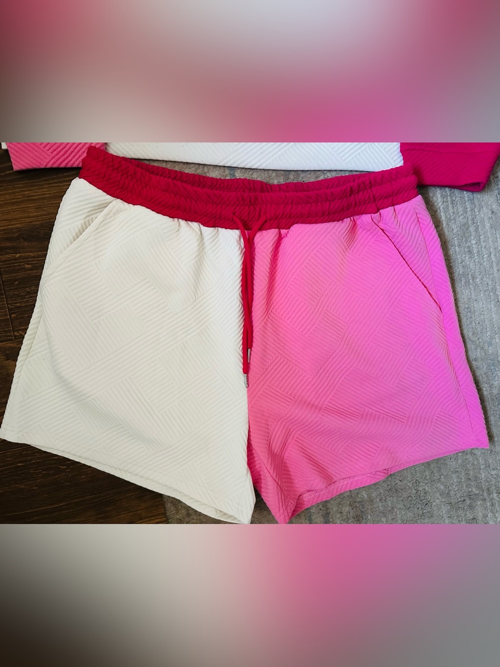 Double Take Colorblock Sweatshirt & Shorts Set - White, Pink, Hot Pink 2XL - Picture 5 of 7